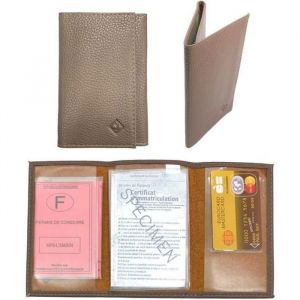 LOLUNA&reg; Etui carte grise permis identit&eacute; assurance - Porte papier voiture cuir grain&eacute; souple - 3 volets compact - Taupe