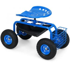 Si&egrave;ge de Jardin COSTWAY Mobile &agrave; Roulant-Pivotant 360&deg;-Hauteur R&eacute;glable avec Plateau-Panier de Rangement-Roues Pneumatiques-Bleu