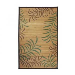 Tapis salon en bambou imprim&eacute; feuilles exotiques beige 70x120