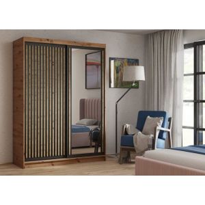 Armoire chambre avec miroir Donatello - Portes coulissantes et lamelles - largeur 100 cm - Chêne Artisan/Noir - Beauty Sofa
