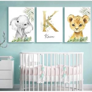 3 Affiche Prenom Bebe Tableau Personnalisé Poster Animaux Jungle Chambre Enfant Decoration Murale Cadeau 30x40 sans Cadre