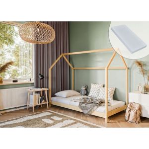 Lit cabane enfant 90x200 cm- Structure de lit en bois massif avec matelas + sommier - Lit au sol - Lit Montessori - Bois naturel