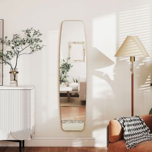 Grand miroir mural ovale 160 x 40 cm miroir suspendu moderne cadre en m&eacute;tal et bois pr&ecirc;t &agrave; accrocher dor&eacute;