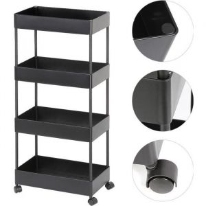 Desserte à roulettes laqué noir mat - Chariot de Rangement 4 Paniers pour Cuisine Salle de Bain Chambre