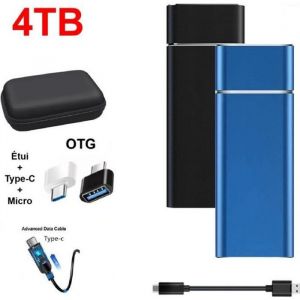 Disque Dur Externe SSD Portable 4TB 4To Bleu avec OTG + &Eacute;tui Housse Sac de Protection HDD pour PC Ordinateur T&eacute;l&eacute;phone Mobile