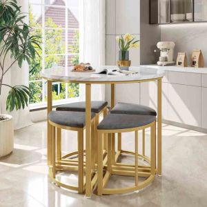 Set de Table &agrave; Manger avec 4 Chaises Velours - Plateau MDF & Cadre Fer Dor&eacute; Luxe Moderne