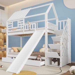 Lit superposé 2 places 90x200cm Lit enfant Lit cabane en bois avec escalier de rangement tiroirs toboggan et lattes - blanc