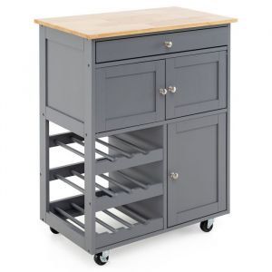 COSTWAY Desserte de Cuisine à Roulettes avec Plateau en Bois dHévéa Tiroir Porte-Bouteilles à 3 Niveaux et 2 Placards Gris