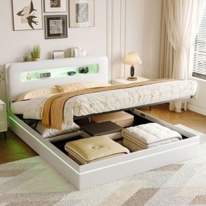 Lit Double Rembourré avec Rangement 140x200 lit capitonné avec LED Lit Coffre pour Adulte Adolescent Velours Beige