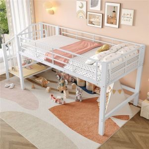 Lit Enfant Mezzanine 1 Place 90x200 M&eacute;tal avec Rampe Escalier Rangement pour Ado Lit Mi Hauteur avec Barri&egrave;re de A&eacute;curit&eacute; Blanc