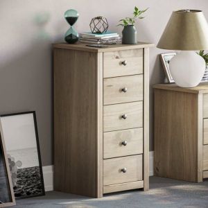 Commode étroite Panama en pin massif avec 5 tiroirs finition chêne ciré