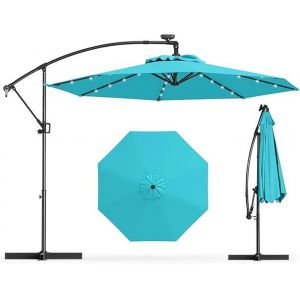Parasol Déporté Ø3M - GOPLUS - Parasol pour Terrasse - Parasol Inclinable - 32 LED - Rotatif à 360° - Pied en Croix - Turquoise