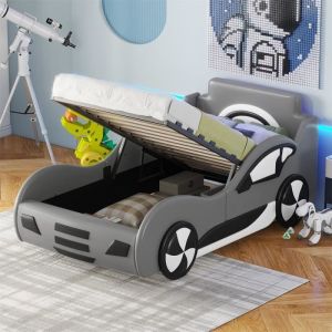 DRIPEX Lit Voiture 90 x 200cm pour enfantsLit enfant coffre avec espace de rangement Lit en forme voiture Gris