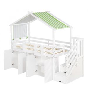 Lit combiné mezzanine enfant 90x200 cm avec garde-chute1 armoire et 2 casiers avec 3 casiers dans lescalier blanc+vert