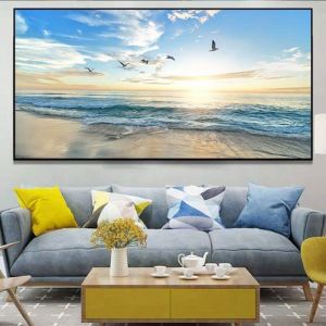 Tableau sur Toile Océan Plage Mouette et Lever du Soleil Affiche et Impression Art Mural Toile Peinture Paysage Photo décoration
