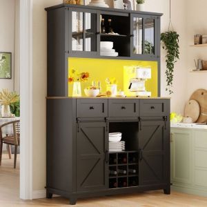 Buffet de Cuisine Armoire - Becag - Meuble Buffet haut avec LED - Buffet Salon avec 4 Portes et 3 Tiroir- 105x38.4x180cm - Noir