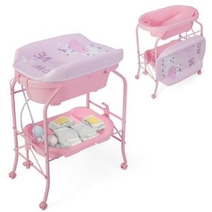 Baignoire Bébé sur Pied Pliable - DREAMADE - Table à Langer - 4 Roues Universelles Verrouillables - Charge 35 KG - 0-12 Mois - Rose