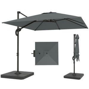 Parasol d&eacute;port&eacute; - parasol de jardin ext&eacute;rieur - Outsunny - pied et dalles lestage - m&acirc;t aluminium et rotatif 360&deg; par p&eacute;dale - gris