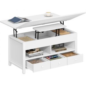 Table Basse Table de Salon Relevable avec 3 Tiroirs et Rangement et Compartiment Cach&eacute; Convertible en Tables &agrave; Manger Blanc
