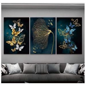 Bleu Or Papillon Affiche Paysage Nordique Salon Couloir Murale Decoration Toile Tableau Art Feuille Peinture 50x70cmx3 Sans Cadre