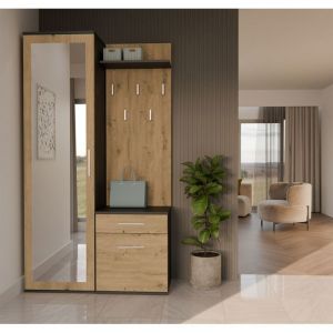 Ensemble dentr&eacute;e avec miroir &ndash; Duvio &ndash; 100 cm &ndash; ch&ecirc;ne artisan / gris