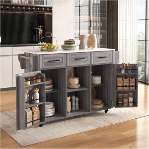 Buffet Salle a Manger avec Plan de Travail Pliable Chariot de Cuisine avec Roues Buffet Cuisine avec 2 Portes et 3 tiroirs Gris