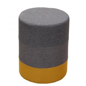 Tabouret Repose-Pieds Pouf Rond Bois Tissu Jaune Gris - MOBILI REBECCA - Style Urbain