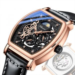 SHARPHY Montre homme de marque de luxe cadran squelette bracelet en cuir noir cool élégant diamants affichage des phases de lune