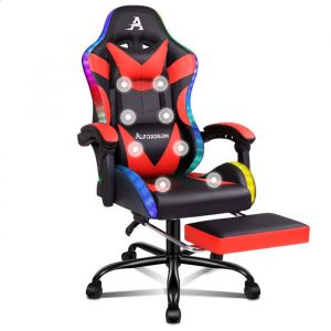 ALFORDSON Chaise de Bureau - Massage LED Inclinable à 150° Repose-pieds Cuir PU Hauteur Réglable Capacité de 180 kg Rouge