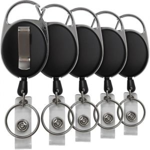 iGadgitz Home U6925 - Porte Badge Enrouleur ID Badge Rétractable Porte-Clés avec Câble de 66 cm - Paquet de 5 - Noir