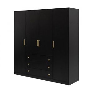 Armoire RILO 196 cm Noire &ndash; 4 Portes 1 Penderie 8 &Eacute;tag&egrave;res et 3 Tiroirs avec Poign&eacute;es Dor&eacute;es