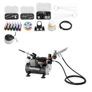 Kit A&eacute;rographe avec Compresseur d&rsquo;Air 1/6 HP-Duoku-Ensemble avec 3 Pistolets Double Action-3 Buses Tuyau-Peinture Acrylique