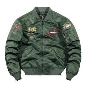 Blouson Bomber Homme Veste Aviateur Printemps et Automne Veste Zippee Broderie Col Officier - Vert