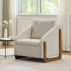 Fauteuil de Salon Moderne dAdulte avec coussin de dossier Chaise longue Chambre avec accoudoirs en bois tissu chenille Beige