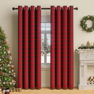 QELUS 2 Panneaux de Rideaux &agrave; Carreaux D&eacute;coration de No&euml;l Rideau &agrave; Oeillets Isolant Thermique pour Salon Chambre Rouge 132x213cm