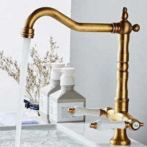SNOGOLD Robinet Antique Cuisine Robinet dévier Rotatif à 360° Mitigeur Mélangeur en Laiton avec Robinet à Deux Poignées Bronze