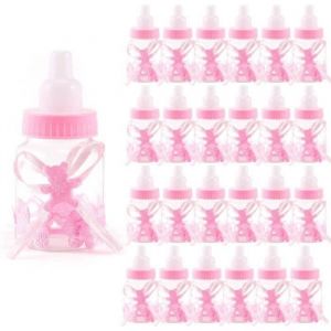 révéler-24PCS  Boîte à dragées mini biberon 4x9cm tissu ours rose cadeau faveur bonbonnière fille bébé baptême