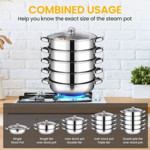 Cuit-vapeur 30cm - 304 Inox - Cuiseur vapeur &agrave; cinq couches - Avec couvercle en verre - Compatible avec les plaques &agrave; induction