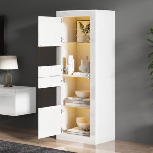 Vitrine LED - 61x42x162cm - Colonne de Rangement avec Éclairage RGB - Meuble de Salon Blanc Laqué