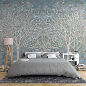 Papier Peint Panoramique bleue forêt Soie Format personnalisé Poster geant Mural pour Salon Chambre restaurant Décoration Murale