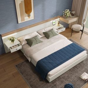 Lit double Maisentiel 160x200 Sonoma‑Eiche Blanc avec chevets LED int&eacute;gr&eacute;s et prises USB‑C flottant