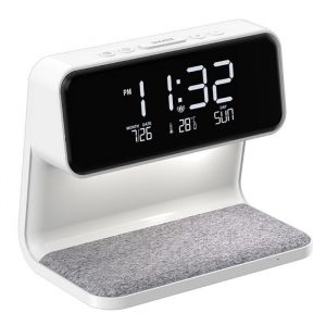 CLI - RADIO REVEIL - Lampe chevet tactile 3 en 1 chargeur sans fil veilleuse réveil numérique grand écran - Blanc