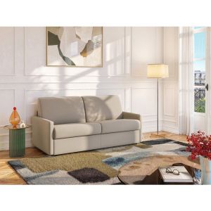 Canap&eacute; 3 places convertible express en tissu beige - Couchage 140 cm - matelas 18 cm CALIFE