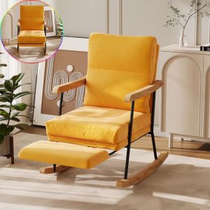 Fauteuil a Bascule Relax avec Repose-pieds Escamotable - Dossier haut -Structure M&eacute;tal et Bois - Scandinave -Tissu Lin jaune