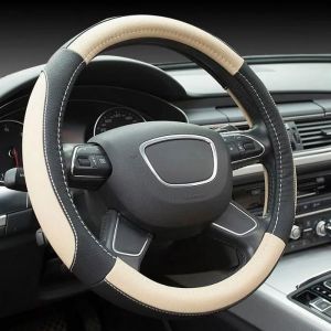 Couvre volant de voiture cuir Sport Volant Protecteur Antidérapant PU 38 cm  (15)  - Noir/Beige
