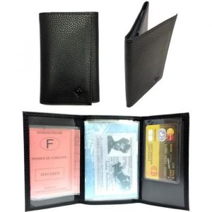 LOLUNA® Etui carte grise permis identité assurance - Porte papier voiture cuir grainé souple - 3 volets compact - Noir