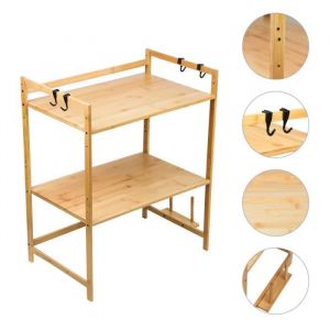 Willonin® Étagère à Micro-Ondes de 2 niveaux Rangement Support en Bambou Meuble de cuisine avec 4 Crochets Hauteur 67cm réglable