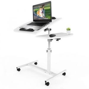 Table pour Ordinateur Portable &agrave; Roulettes - LDSZXNE - Blanc - Hauteur R&eacute;glable - Plateau Inclinable