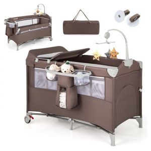 Lit Bébé 5 en 1 Berceau Portable Lit Parapluie Pliable avec Table à Langer Matelas Boîte à Musique Jouets Suspendus Marron