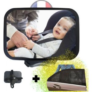 Miroir retroviseur bebe/enfant voiture grand angle incassable orientable &agrave; 360&deg;sur l&rsquo;appui tete et son pare soleil offert